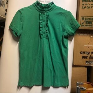 #1402 Neiman Marcus, exclusive green mock ruffle shirt Med